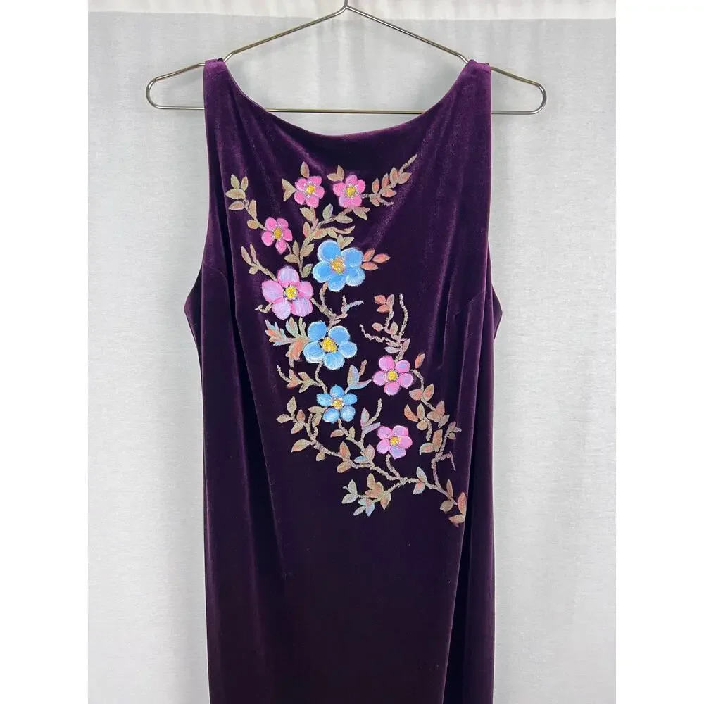 VTG 90s Dress Bias Cut Purple Velvet Hand Painted Floral Whimsigoth Fairy Prom - Picture 2 of 5
